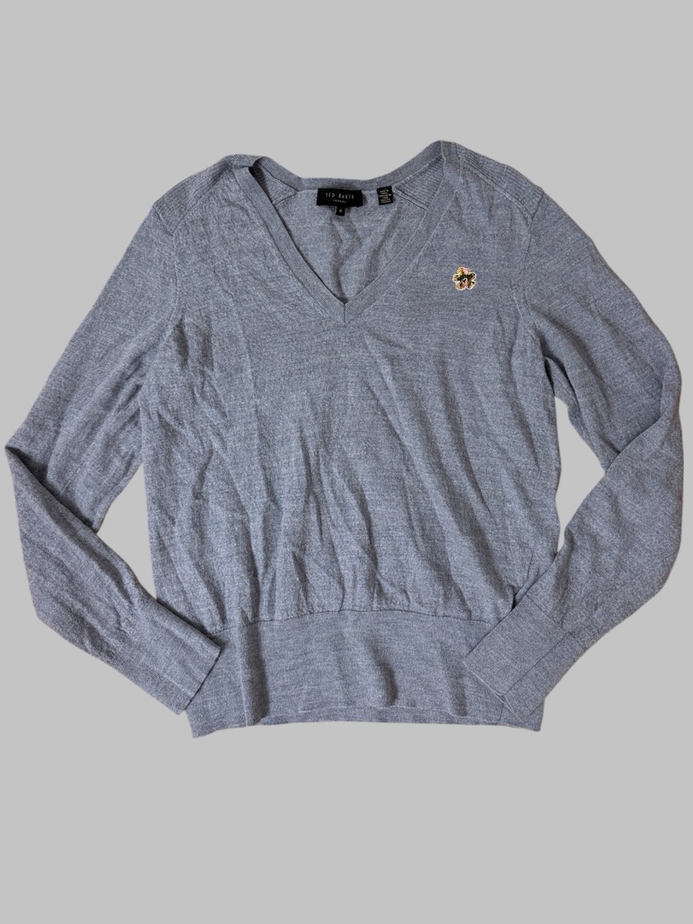 Ted Baker Gray Abigal 100% Wool V-Neck Sweater